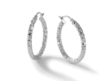 Sterling Silver Rhodium Plated Diamond Cut Hoop Earrings, 32 x 3mm