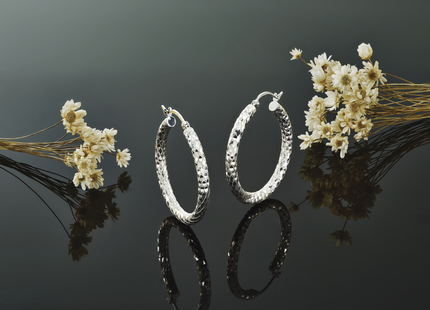 Sterling Silver Rhodium Plated Diamond Cut Hoop Earrings, 32 x 3mm