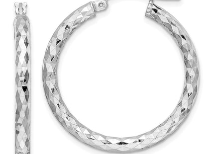 Sterling Silver Rhodium Plated Diamond Cut Hoop Earrings (Style QE3541)