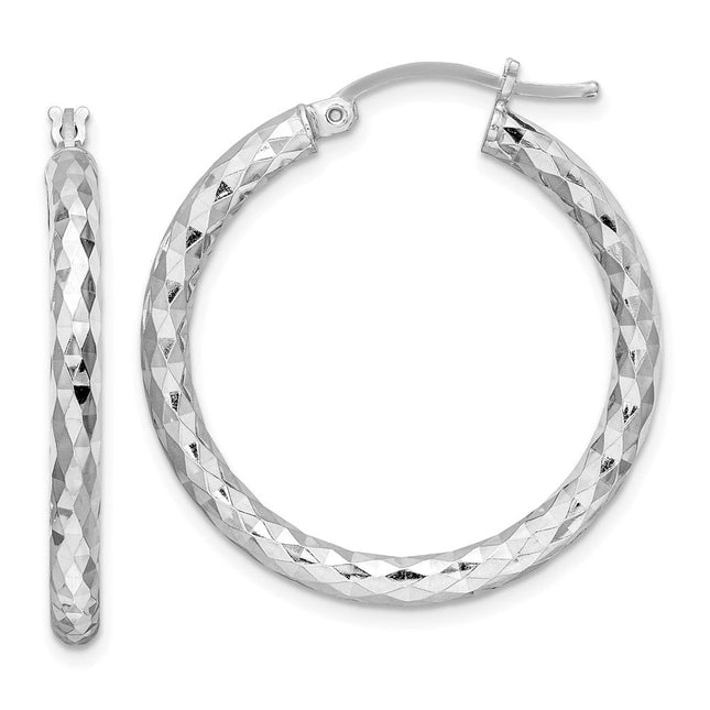 Sterling Silver Rhodium Plated Diamond Cut Hoop Earrings, 32 x 3mm