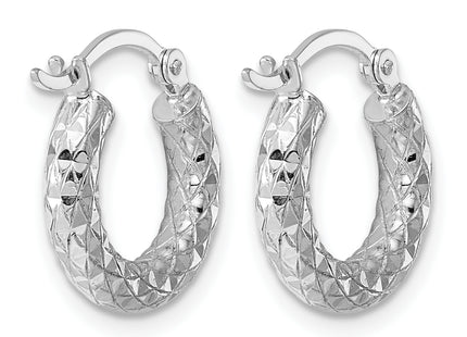 Sterling Silver Rhodium Plated Diamond Cut Hoop Earrings, 15 x 3mm