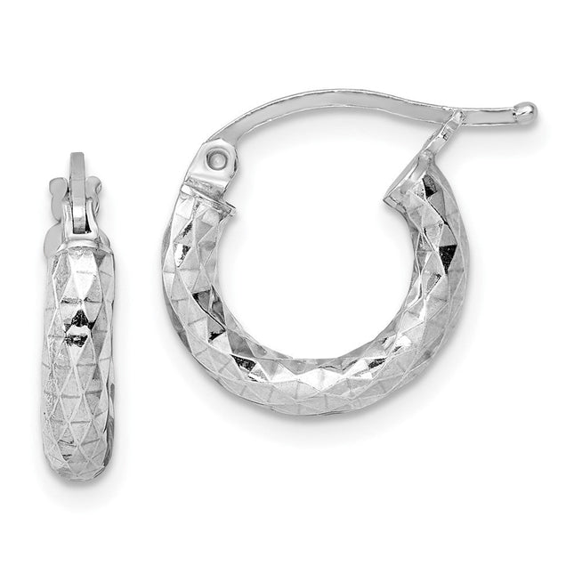 Sterling Silver Rhodium Plated Diamond Cut Hoop Earrings, 15 x 3mm