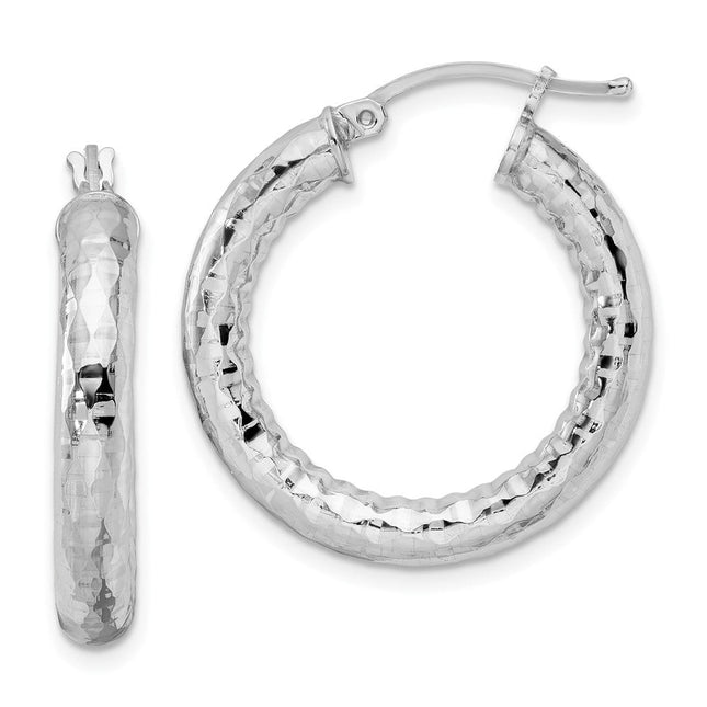 Sterling Silver Rhodium Plated Diamond Cut Hoop Earrings, 25 x 4mm