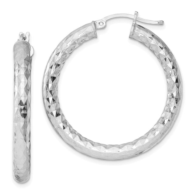 Sterling Silver Rhodium Plated Diamond Cut Hoop Earrings, 35 x 4mm