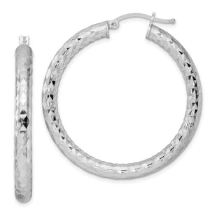 Sterling Silver Rhodium Plated Diamond Cut Hoop Earrings (Style QE3548)