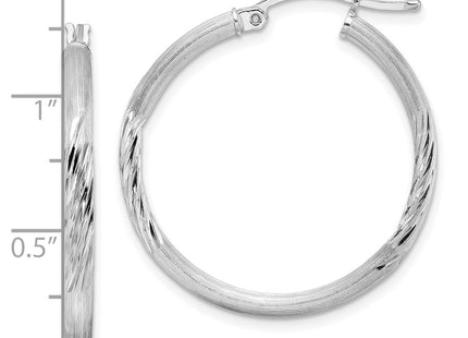 Sterling Silver Rhod-plated Polished/Satin Diamond-cut Hoop Earrings (Style QE3555)