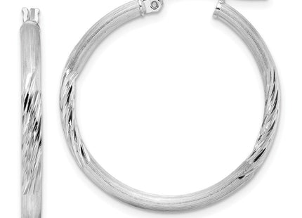 Sterling Silver Rhod-plated Polished/Satin Diamond-cut Hoop Earrings (Style QE3555)