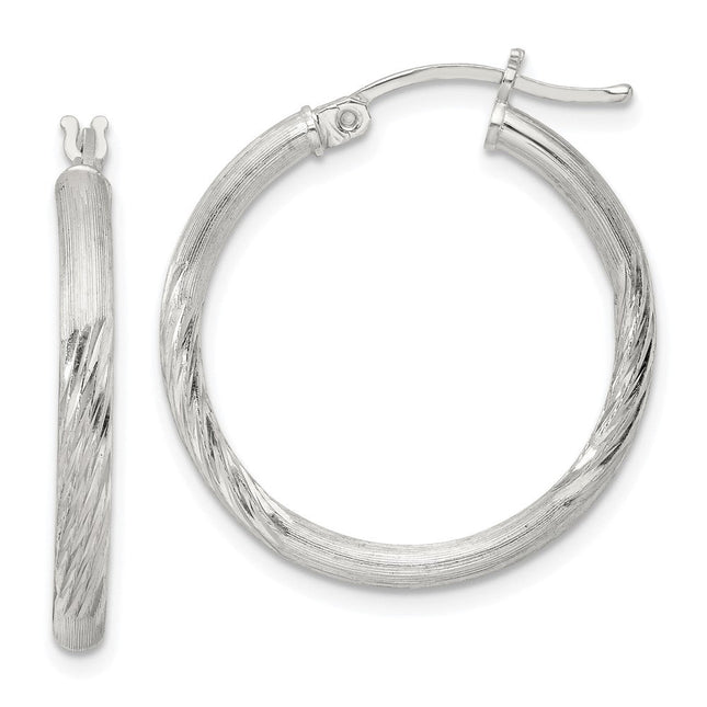 Sterling Silver Polished/Satin D/C Hoop Earrings, 27 x 2.5mm