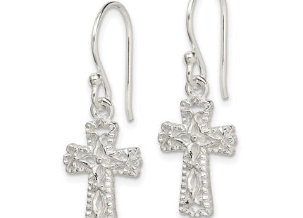 Sterling Silver Polished & Textured Cross Dangle Earrings (Style QE4264)