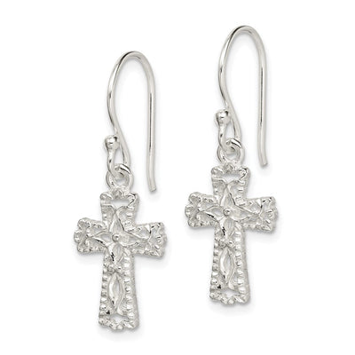 Sterling Silver Polished & Textured Cross Dangle Earrings, 30 x 11mm