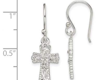 Sterling Silver Polished & Textured Cross Dangle Earrings (Style QE4264)