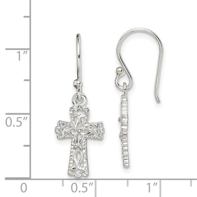 Sterling Silver Polished & Textured Cross Dangle Earrings, 30 x 11mm