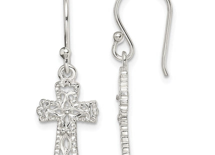 Sterling Silver Polished & Textured Cross Dangle Earrings (Style QE4264)