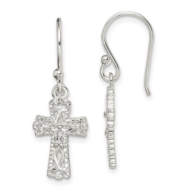 Sterling Silver Polished & Textured Cross Dangle Earrings, 30 x 11mm