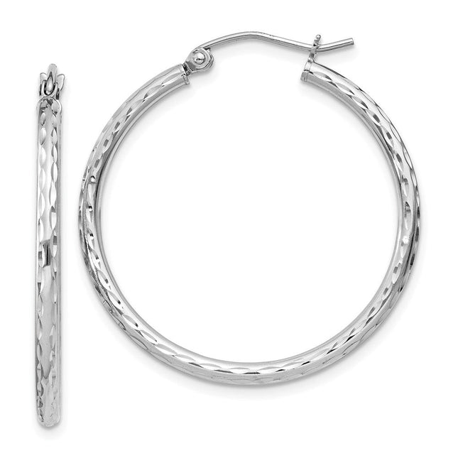 Sterling Silver Rhodium Plated Diamond Cut Hoop Earrings, 32 x 2mm