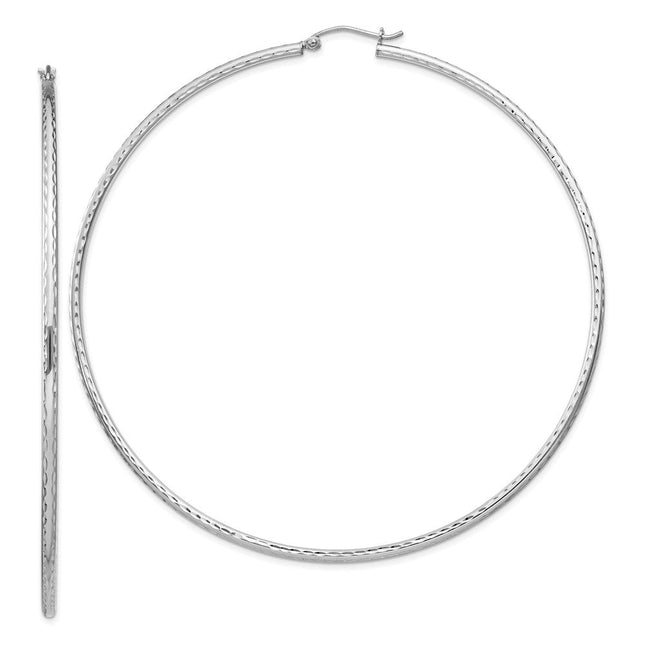 Sterling Silver Rhodium Plated Diamond Cut Hoop Earrings, 82 x 2mm