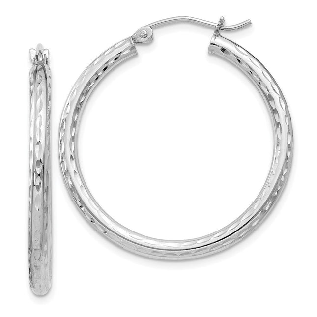 Sterling Silver Rhodium Plated Diamond Cut Hoop Earrings, 31 x 2.5mm