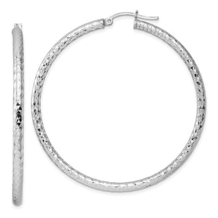 Sterling Silver Rhodium Plated Diamond Cut Hoop Earrings (Style QE4482)
