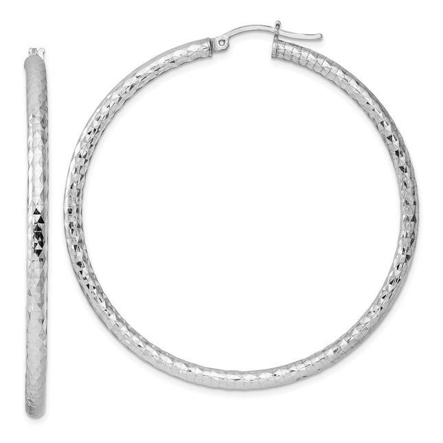 Sterling Silver Rhodium Plated Diamond Cut Hoop Earrings, 57 x 3mm