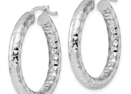 Sterling Silver Rhodium Plated Diamond Cut Hoop Earrings (Style QE4486)