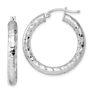 Sterling Silver Rhodium Plated Diamond Cut Hoop Earrings (Style QE4486)