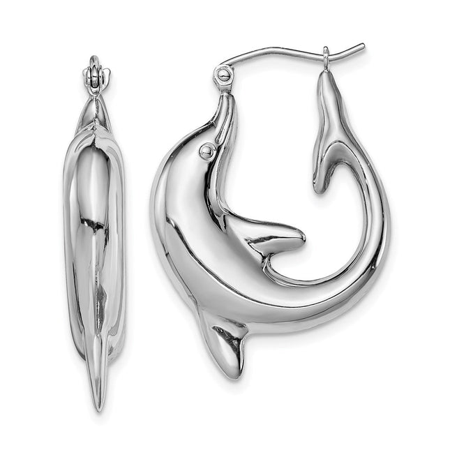 Sterling Silver Rhodium-plated Polished Dolphin Round Hoop Earrings, 32 x 5.4mm