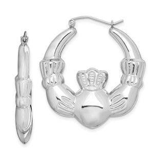 Sterling Silver Rhod-plated Polished Claddagh Round Hoop Earrings (Style QE4705)