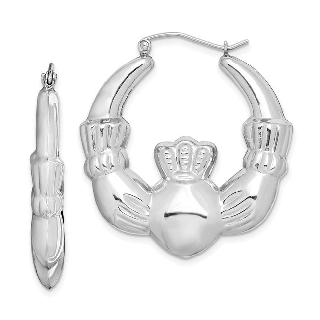Sterling Silver Rhod-plated Polished Claddagh Round Hoop Earrings, 35 x 5.25mm