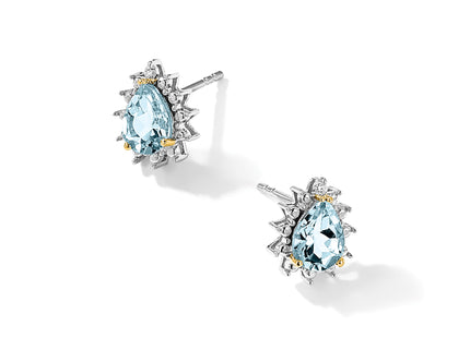 Brilliant Gemstones Sterling Silver with 14K Accent Rhodium-plated Sky Blue Topaz and Diamond Post Earrings