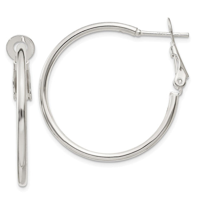 Sterling Silver Polished Omega Back Round Hoop Earrings, 30 x 2mm