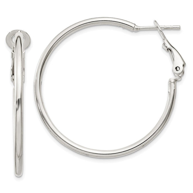 Sterling Silver Polished Omega Back Round Hoop Earrings, 35 x 2mm