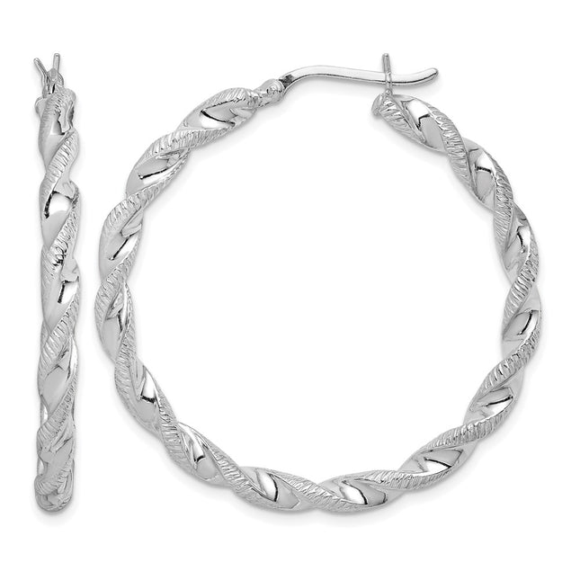 Sterling Silver Rhodium Plated Twisted 3. Hoop Earrings, 40 x 3.5mm