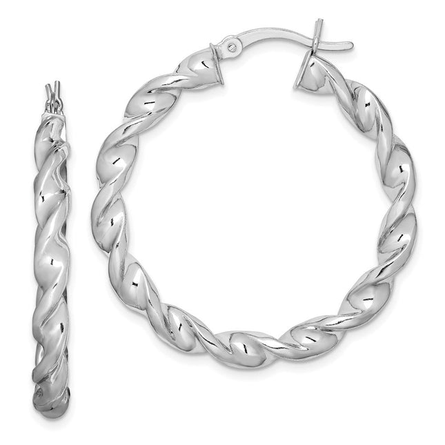 Sterling Silver Rhodium Plated Twisted 3. Hoop Earrings, 35 x 3.5mm