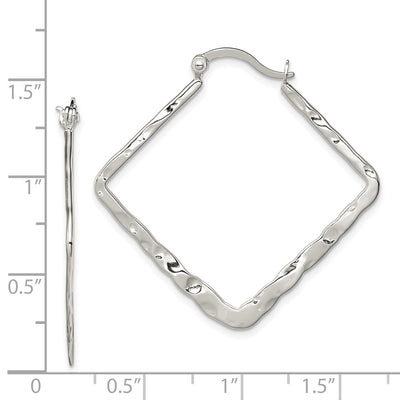 Sterling Silver Rhod-pltd Polished/Hammered Square Hoop Earrings