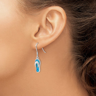Sterling Silver Rhodium-plated Created Blue Inlay Opal Sandal Dangle Earrings