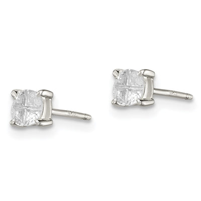 Sterling Silver Round Basket Set Cross-cut CZ Stud Earrings, 4 x 4mm