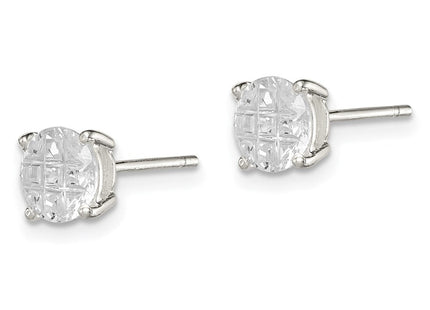 Sterling Silver Round Basket Set Laser-cut CZ Stud Earrings (Style QE7494)