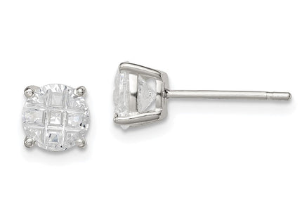 Sterling Silver Round Basket Set Laser-cut CZ Stud Earrings (Style QE7494)