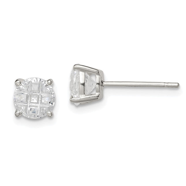 Sterling Silver Round Basket Set Laser-cut CZ Stud Earrings, 6 x 6mm