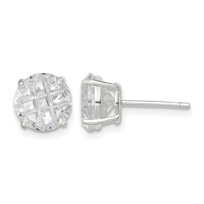 Sterling Silver Round Basket Set Laser-cut CZ Stud Earrings, 8 x 8mm