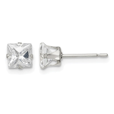Sterling Silver Square Snap Set CZ Stud Earrings, 5 x 5mm