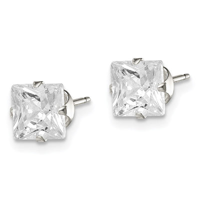 Sterling Silver Square Snap Set CZ Stud Earrings, 6 x 6mm
