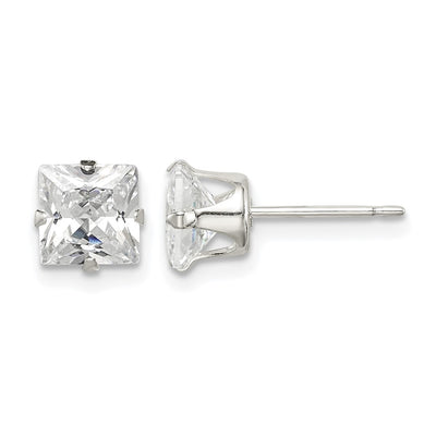 Sterling Silver Square Snap Set CZ Stud Earrings, 6 x 6mm