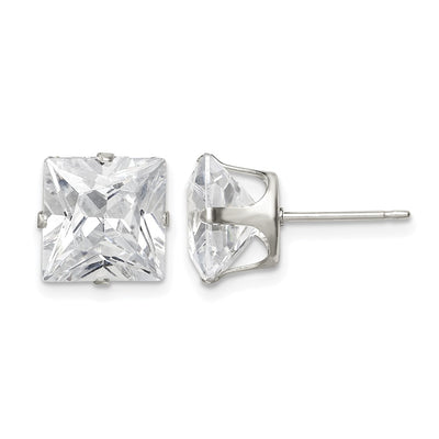 Sterling Silver Square Snap Set CZ Stud Earrings, 9 x 9mm