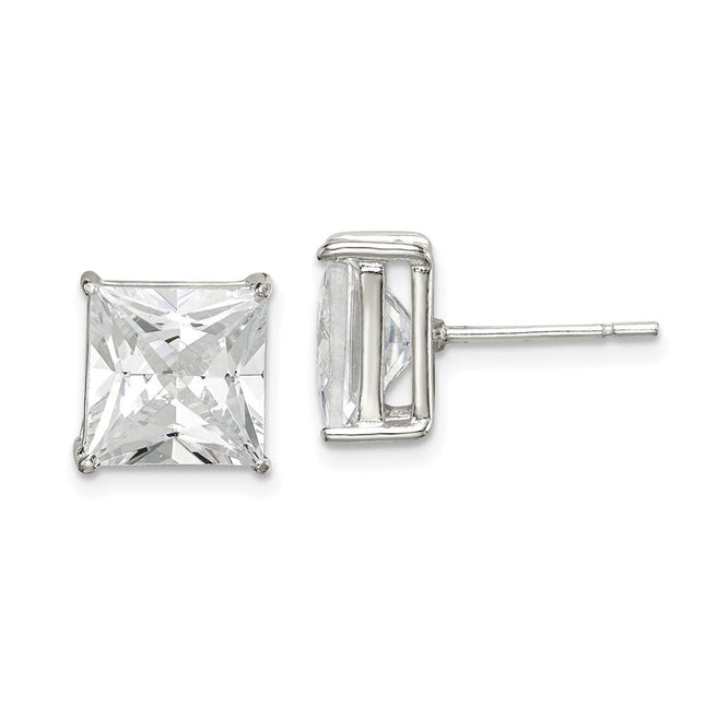Sterling Silver Square CZ Basket Set Stud Earrings, 9 x 9mm