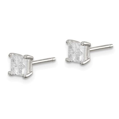 Sterling Silver Square Cross-cut CZ Basket Set Stud Earrings, 4 x 4mm
