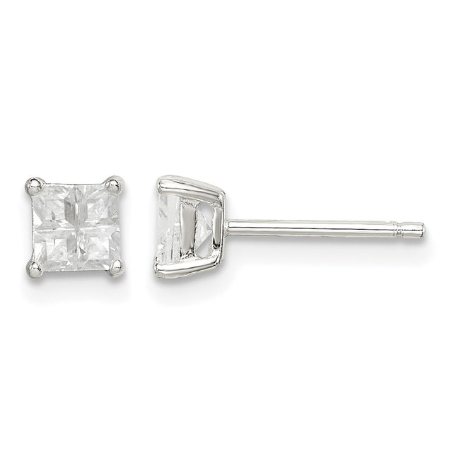 Sterling Silver Square Cross-cut CZ Basket Set Stud Earrings, 4 x 4mm