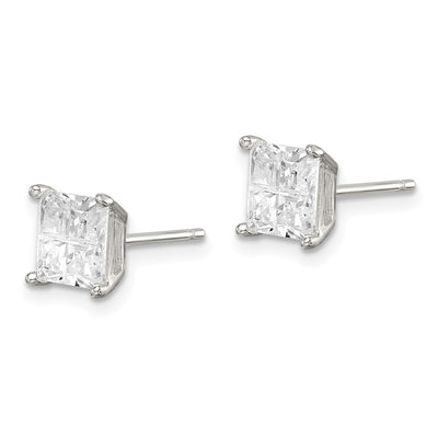 Sterling Silver Square Cross-cut CZ Basket Set Stud Earrings, 6 x 6mm