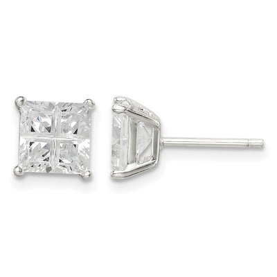 Sterling Silver Square Cross-cut CZ Basket Set Stud Earrings, 6 x 6mm