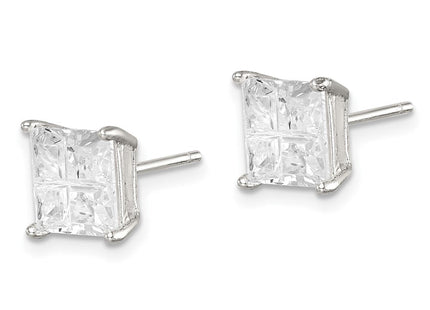 Sterling Silver Square Cross-cut CZ Basket Set Stud Earrings (Style QE7520)